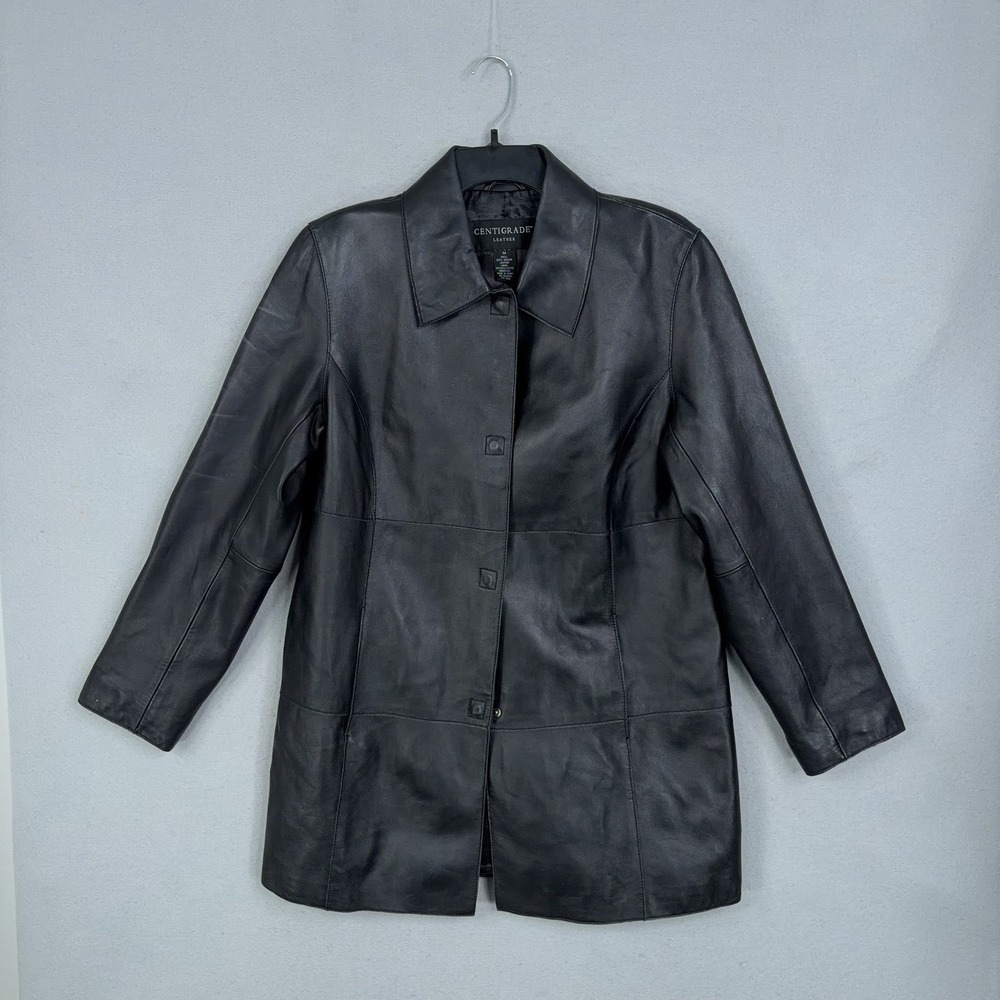 Centigrade Leather Jacket Womens Medium Black Genuine Leather Button Up Classic